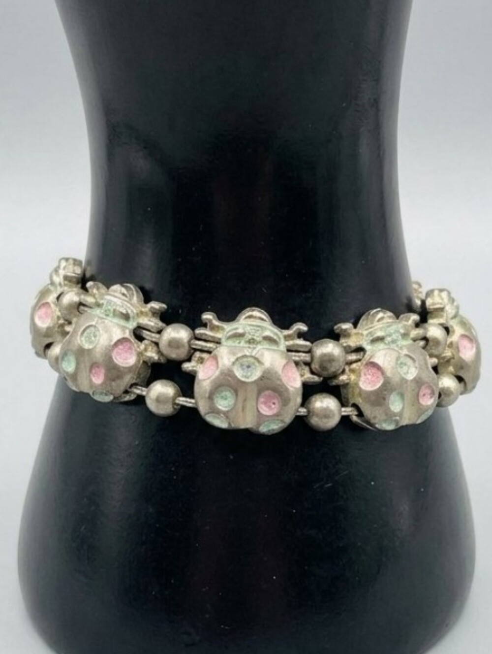 Vintage Silver Pastel Enamel Ladybug Link Slide Bracelet Multi Panel Beetle
